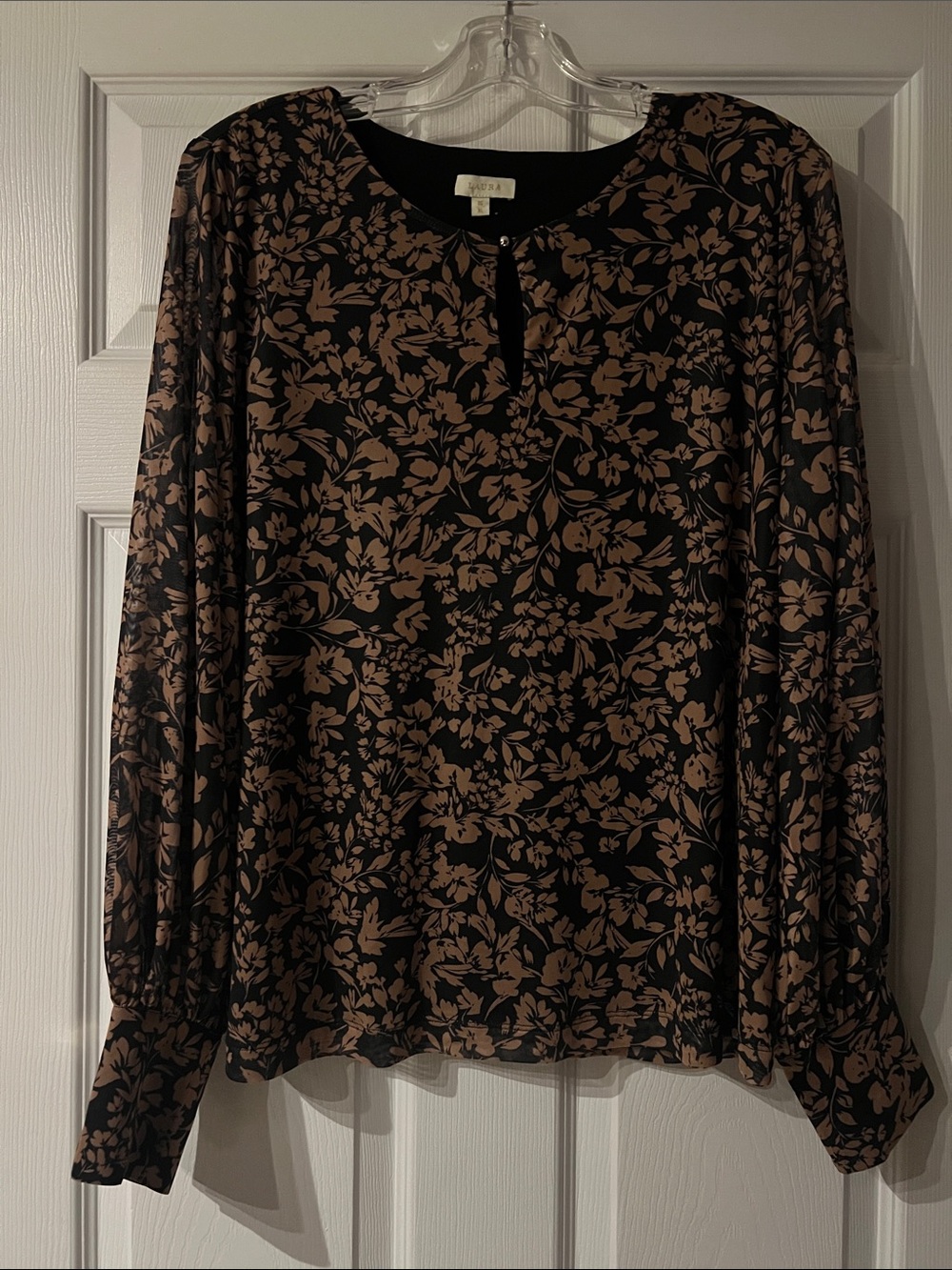 Laura Floral Keyhole Blouse in Black and Taupe